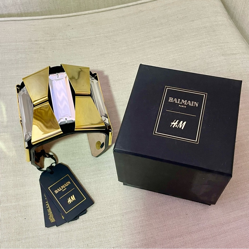 🖤 Balmain X H&M leather statement bracelet mirror gold tone suede rhinestone